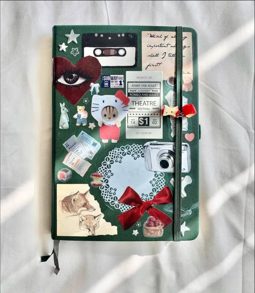 A green journal with stickers of animals, stars, bows, handwritten notes and drawings, and other aesthetic items.