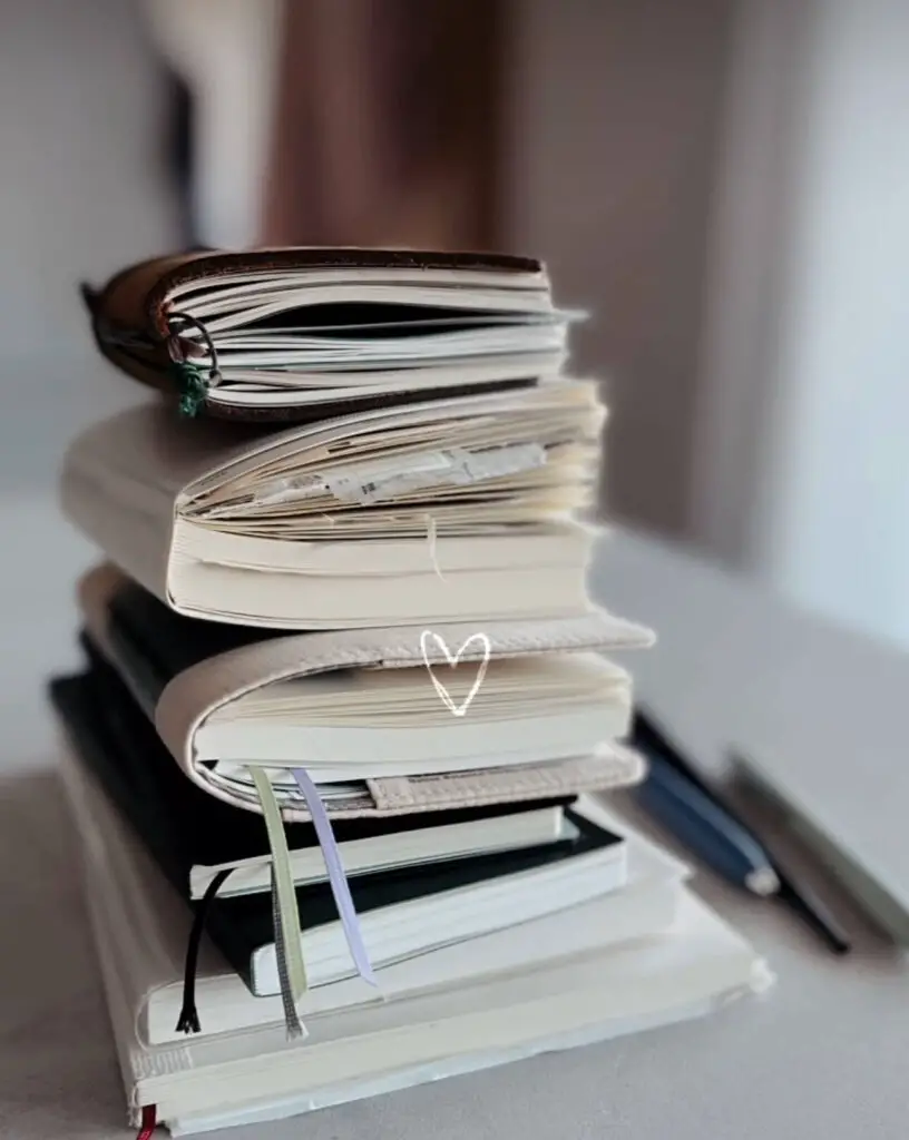 A stack of used black and white journals is resting on a table next to some pens. A white heart is etched into the center of the photo.