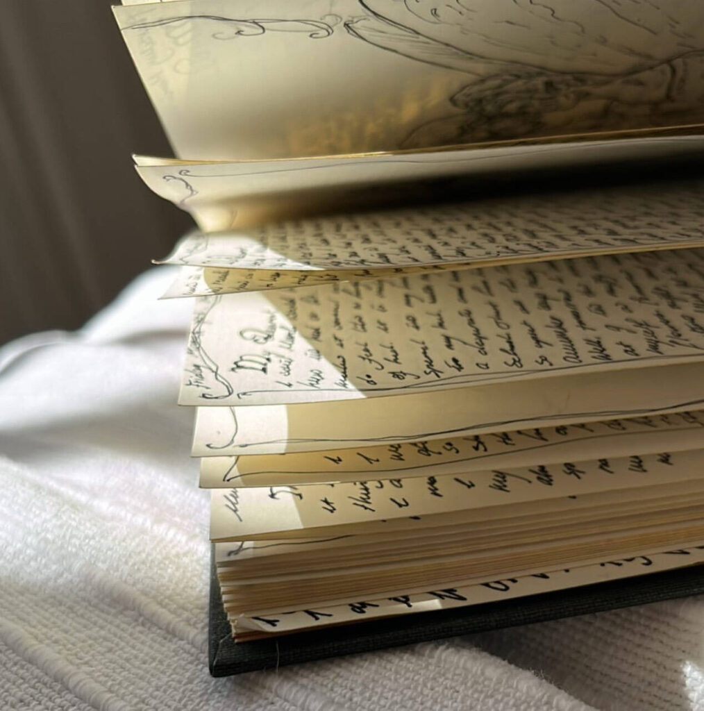 A half-open journal with pages full of neat writing on unlined paper.
