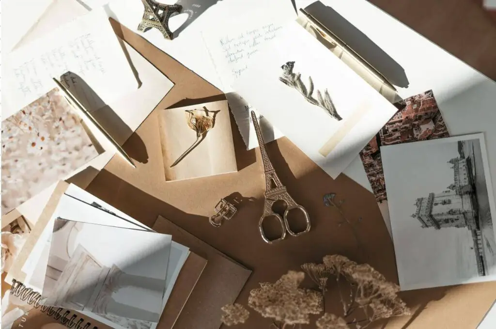 On a light brown surface, various types of cardstock are spread out. Some have
writing on them, and others have floral designs. Dried flowers and other adjacent paraphernalia
fill the empty spaces between each piece of stationery