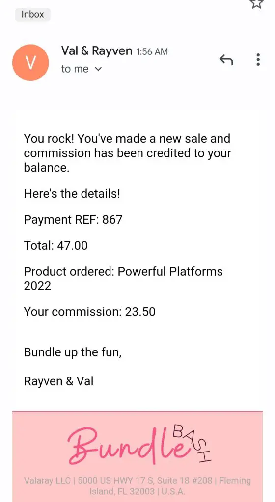 Email from Bundle Bash demonstrating affiliate commissions earned from participating in a launch giveaway.