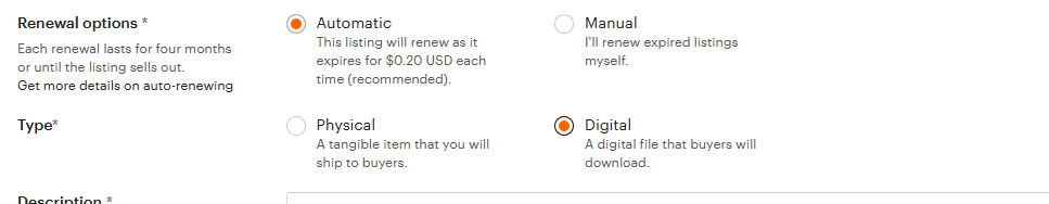 Product type section on Etsy and where you select your type of product - digital or physical. 