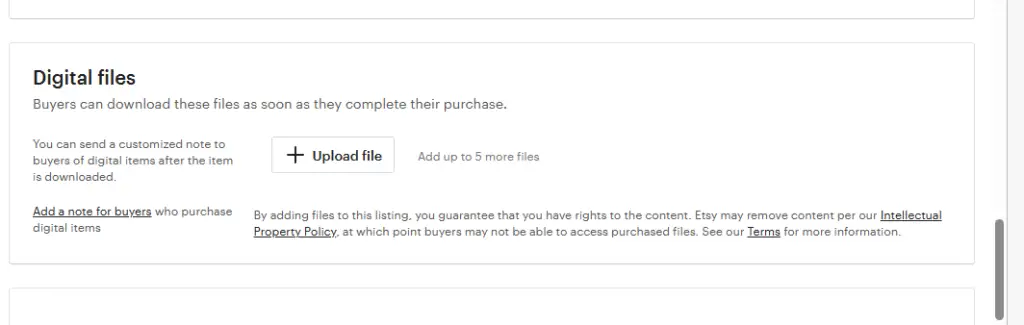Digital files upload section on Etsy