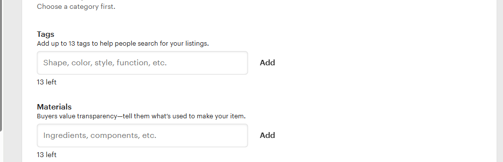 Adding tags section on Etsy