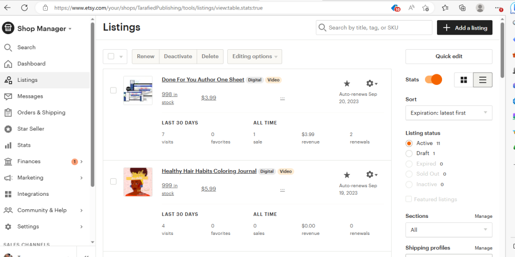 Listings on Etsy. Demonstrates where you can add a listing.