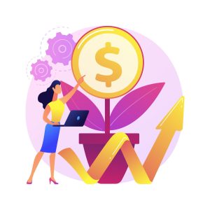 cartoon woman holding laptop.  Purple flower pot with money sign.  Woman pointing at dollar sign signaling cost effectiveness. 