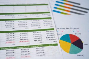 Excel spreadsheet with multi-color pie chart beside it.