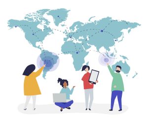 cartoon images.  Three women and one man standing in front of a world map.  First woman pointing to a country. Second woman sitting on floor with laptop.  Third woman holding a tablet.  Man pointing to a country signifying diversity and freedom for creators. 