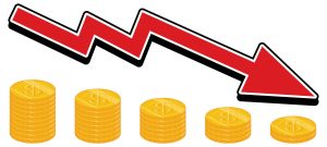 stack of gold coins decreasing in value with red arrow overhead demonstrating minimal overhead risk. 