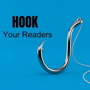 Sliver hook with caption reading "Hook your readers."  Blue background.