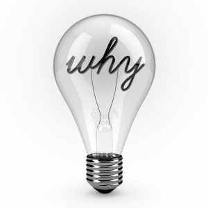 The word why written in black cursive across a light bulb. 