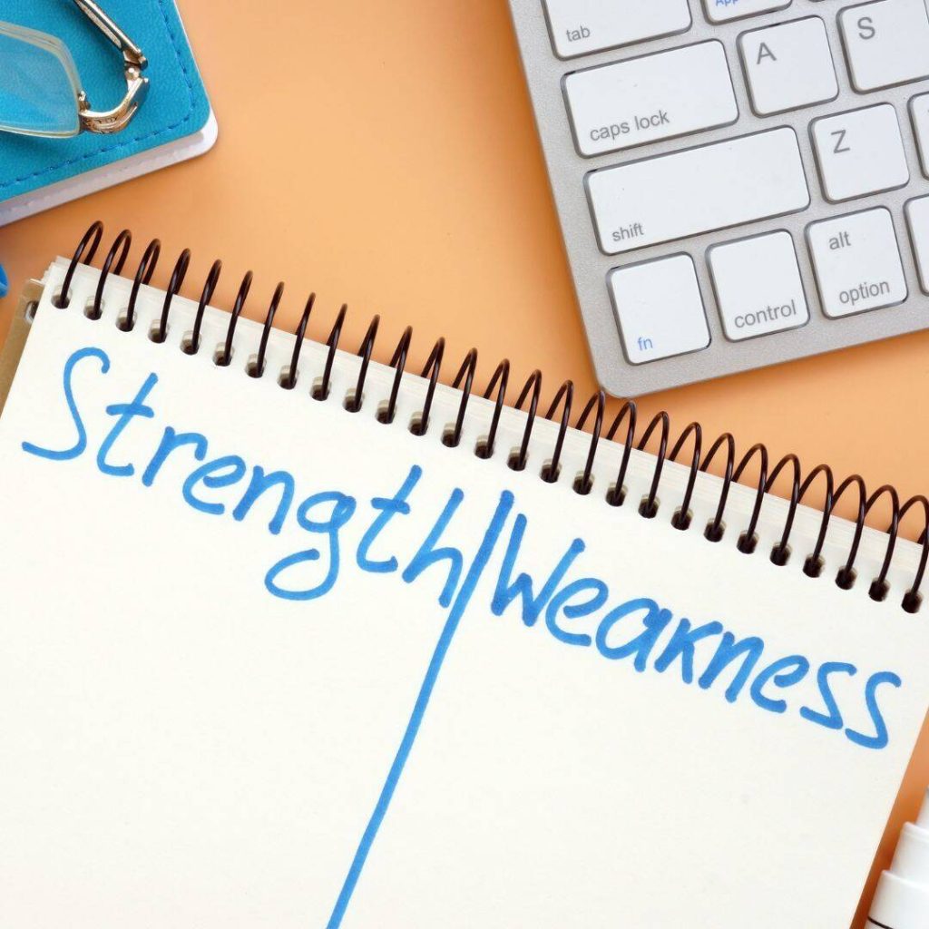 Strength and weakness written on a notebook in blue marker.