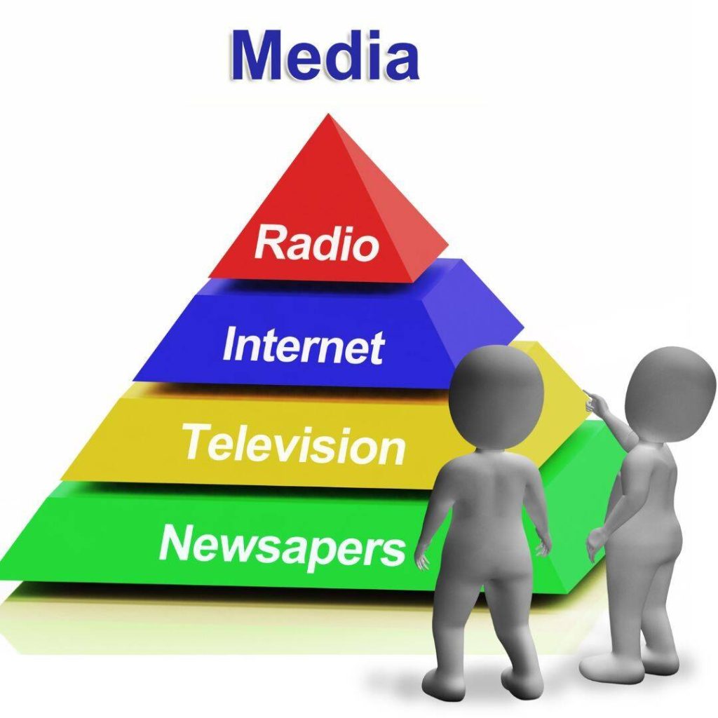 Media and Advertising Pyramid. 
Radio, Internet, Television, Newspapers.
Two gray characters standing in front of the pyramid facing it.  One gray character touches the television section of the pyramid.