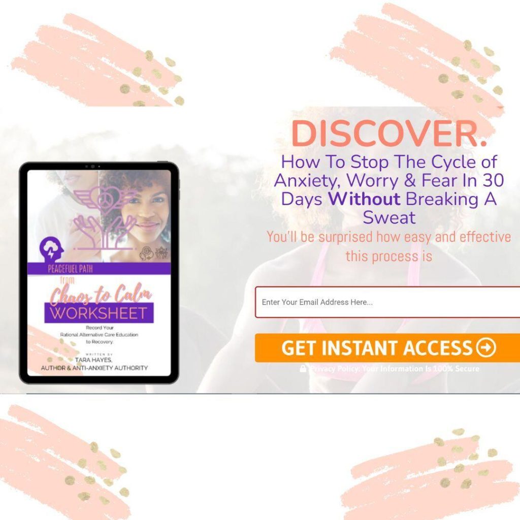 Landing Page with freebie worksheet from Panictopicnic.com website.  Opt-In state Discover How to stop the cycle of anxiety, worry, & fear in 30 days without breaking a sweat