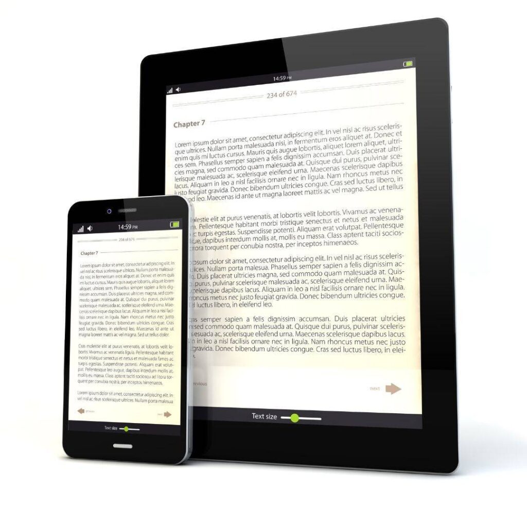 Black  Phone and Black tablet with chapter 7 of manuscript displayed. Imperfect manuscript.